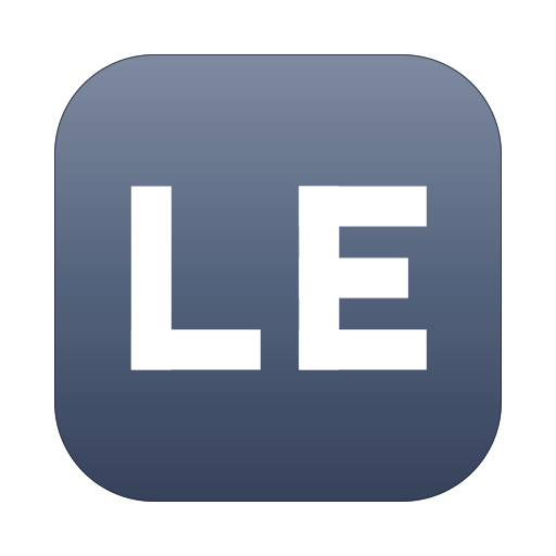 A rejected concept — an 'LE' monogram in white on a muted slate-blue squircle, the generic initials-on-a-tile look that disappears among system menu-bar apps.